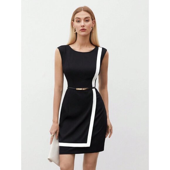 Black Sleeveless Mini Dress White Contrast Trim Plazacore Business Minimalist - Picture 1 of 5